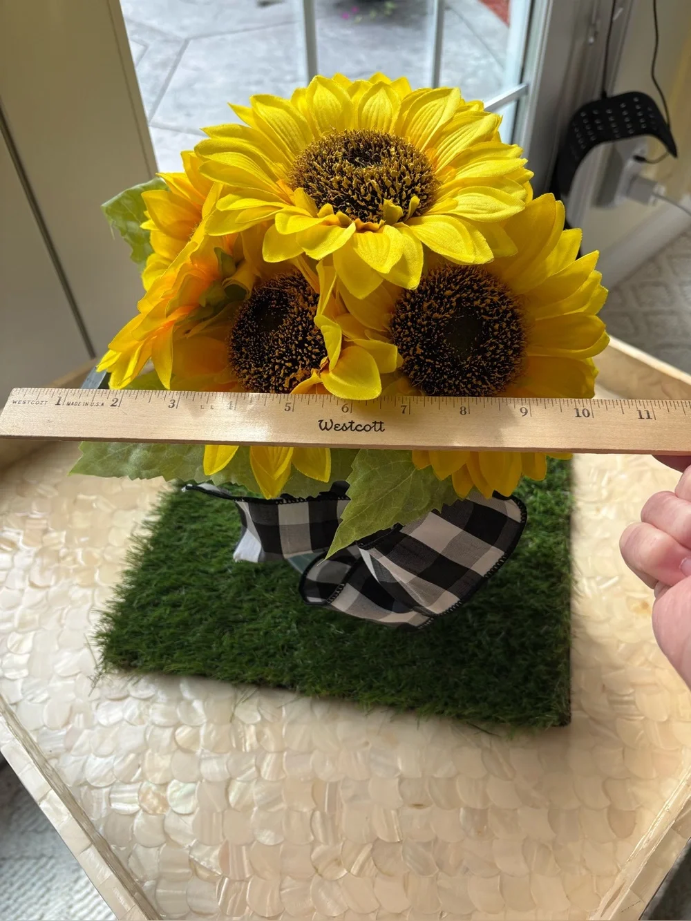 Yellow Sunflower Bouquet with Buffalo Check Ribbon in Tin Watering Can